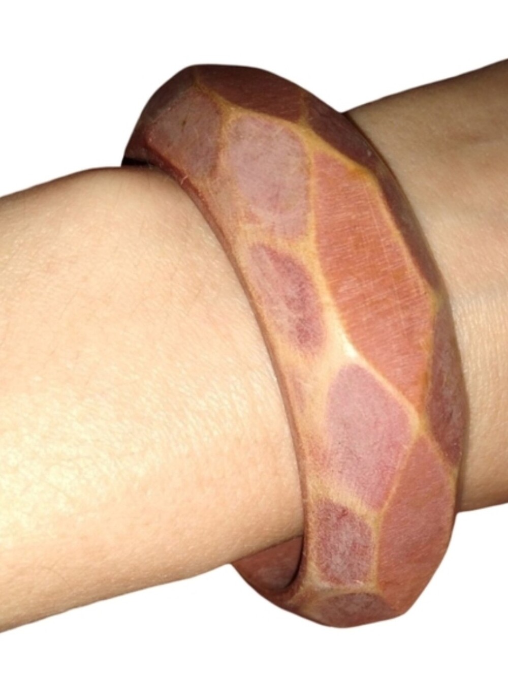 Faceted Mauve Carved Wood Bangle Big Chunky Boho Bracelet Pink Vintage Statement